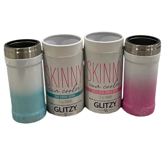 Two Glitzy 12 oz Can Cooler in Blue Teal Pink Sparkle Ombré Skinny Can Fit Shiny - Picture 1 of 16